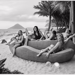 five woman sitting on an inflatable beach chair while relaxing