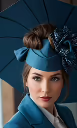 a woman with blue coat and umbrella in her hand