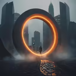 a person standing in the middle of an open area with circular lights