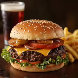 hamburger, cheese, tomatoes and lettuce beside a glass of beer