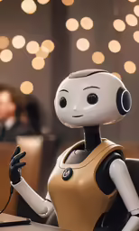 an automated robot sits and gestures while in a meeting room