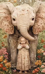 a girl standing in front of an elephant statue