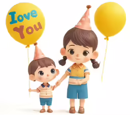 a cartoon boy and girl holding hands and balloons