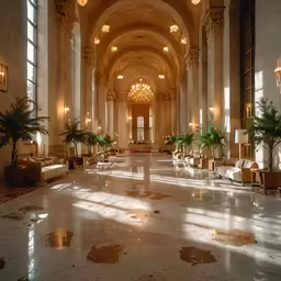 the lobby has a very large chandelier