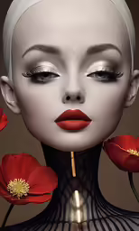 a woman with flowers in her hair and makeup