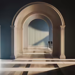 an arch in an empty room with white and blue walls
