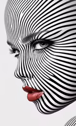 womans face painted white with black and white stripes on it