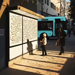 people are walking on the side walk in front of a blue bus