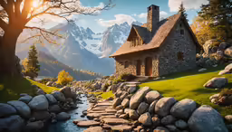 a nice house surrounded by beautiful mountain scenery