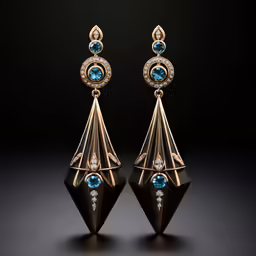 two golden earrings with blue crystals on a black background