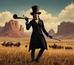 a person with two guns holding something near their head,the image shows an artist standing in the field