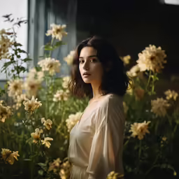 a woman in white dress standing in flowers