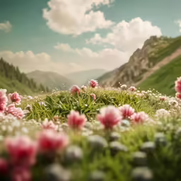 pink flowers are growing in a grassy hillside