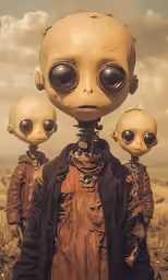 two alien heads with large eyes stand between two human heads