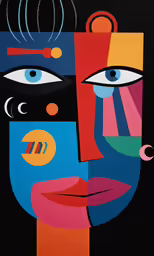 a painting depicting a woman with different colored faces