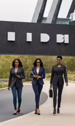 three people walking down a road in front of a black building