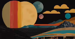 an abstract photo with mountains, clouds and planets,a picture of some mountains in the sky