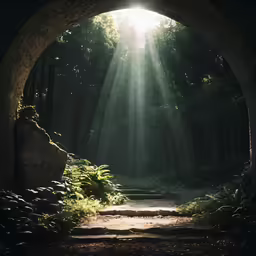 sunbeams shining into the light at the end of a tunnel