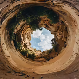 looking up at the top of an old tree stump with the sky as a background