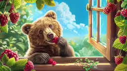 a painting shows a brown bear with raspberries around his mouth sitting on the windowsill,a bear sitting in a window next to raspberries