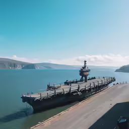 a ship docked on a lake near mountains