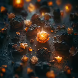 the lit up candle is surrounded by rocks and crystals