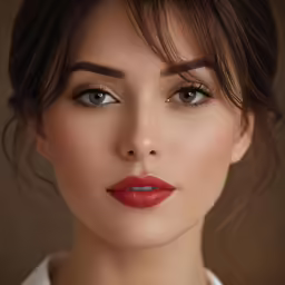 a woman with dark hair wearing red lipstick