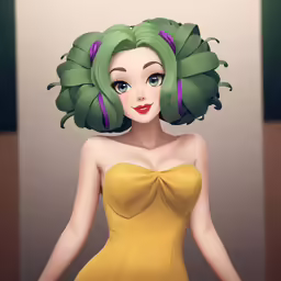 a female with a yellow dress is wearing green leaves