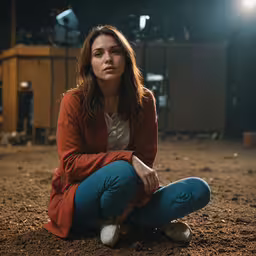 a woman in a red jacket sitting on the ground,a woman sitting on the ground in front of a tv set