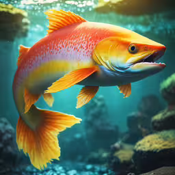 a fish that is swimming in some water,a fish with a large mouth looking into the distance