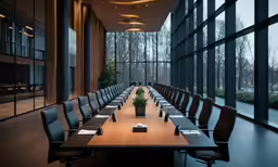 an empty conference room with chairs, a long table and a plant