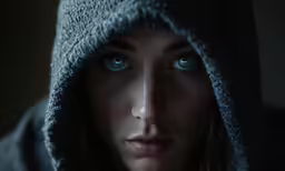 a woman with blue eyes has a hood over her face