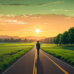 a man walking down a long road with the sun setting behind him,the silhouette of a person walking down a road at sunset