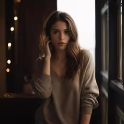 a beautiful woman in a tan sweater talking on a cell phone