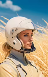 a woman in a helmet and jacket in a wheat field