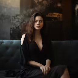 a woman in black sitting on a couch