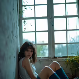 a woman is sitting in the corner of her room