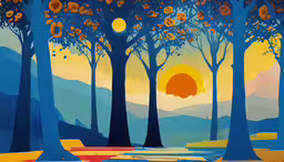 painting of a sunset in a scenic forest,this painting is in the middle of a park