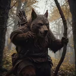 a wolf man in costume with a bow and arrows on