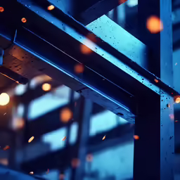 rain drops over metal beams in front of a building
