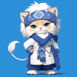 a cartoon cat with blue eyes wearing a hat