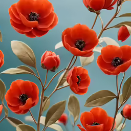 red flowers with buds and leaves against blue background