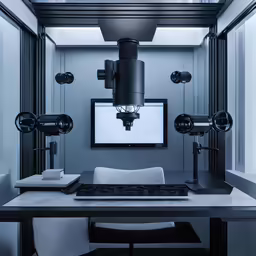 a modern desk with an array of computer screens in front of it