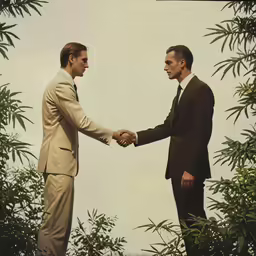 two men in suits shaking hands near some trees
