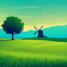 a green landscape with a tree and windmill,a drawing of a landscape with hills and trees