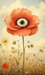 an evil eye sits in the middle of a red flower