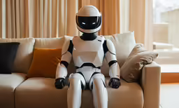 a man dressed as a storm trooper sitting on a couch in front of a window