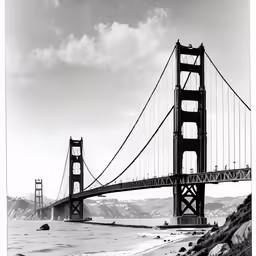 the ocean is near the large suspension bridge