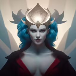 a woman with blue hair has her head covered in a strange crown