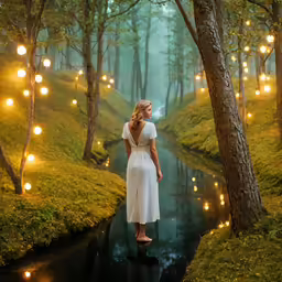 a woman in a white dress walking through a forest